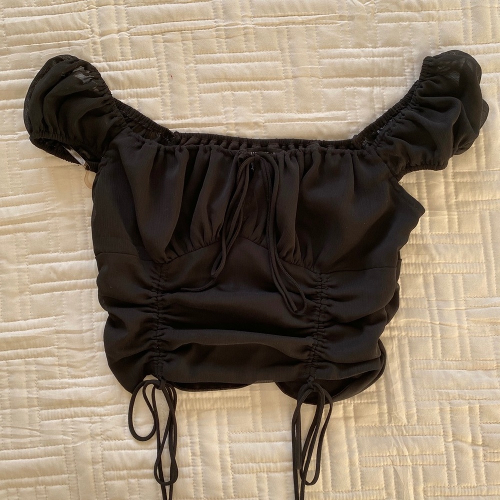 Black Cropped Ruched Going Out Top - Small